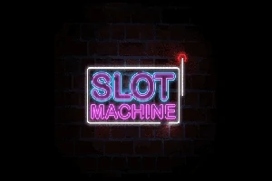 Neonfény hirdetés „SLOT MACHINE” felirattal, sötét háttéren