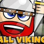 Rajzolt viking figura piros szakállal és sisakkal, kardot tartva, háttérben kőfalakkal