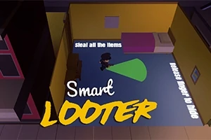 Egy sötét szobát ábrázol a kép, ahol egy figurának zöld lámpafény világítja meg az útját, miközben a „Smart Looter” felirat van rajta