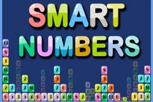 „SMART NUMBERS” felirat színes, árnyékos betűkkel, színes számos blokkok klasszikus játék stílusban, sötétkék háttér