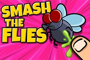 Egy rajzfilmszerű légy nagy piros szemekkel, zöld trutyival megérintve, rózsaszín háttér előtt, nagy sárga betűkkel a Smash the Flies felirat