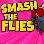 Egy rajzfilmszerű légy nagy piros szemekkel, zöld trutyival megérintve, rózsaszín háttér előtt, nagy sárga betűkkel a Smash the Flies felirat