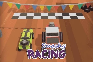 Két színes rajzfilm stílusú autó egy rajtvonal előtt, felettük színes zászlósor és a képen a Smashy Racing felirat látható
