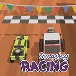 Két színes rajzfilm stílusú autó egy rajtvonal előtt, felettük színes zászlósor és a képen a Smashy Racing felirat látható
