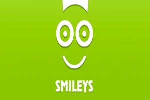 Zöld háttér előtt fehér mosolygós arc stilizált ábrázolása SMILEYS felirattal