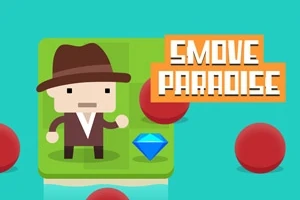 Egy rajzfilmszerű figura barna kalapban egy zöld négyzeten áll, mellette egy kék gyémánt, körülötte piros körök és a Smove Paradise felirat