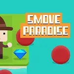 Egy rajzfilmszerű figura barna kalapban egy zöld négyzeten áll, mellette egy kék gyémánt, körülötte piros körök és a Smove Paradise felirat