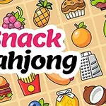 Színes háttér, tele ételek rajzaival, mint például gyümölcsök és habcsók, középen a Snack Mahjong felirattal
