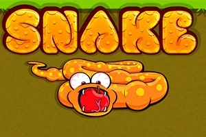 Narancssárga, rajzfilmszerű kígyó vicces szemekkel és nyitott szájjal, a SNAKE felirat alatt