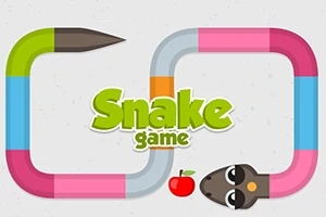 Színes, kanyargós kígyó rajzolt feje, egy piros alma, és a Snake Game felirat