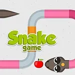 Színes, kanyargós kígyó rajzolt feje, egy piros alma, és a Snake Game felirat