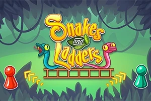 Két színes kígyó látható szemben, háttérben dzsungel motívumokkal, középen „Snakes and Ladders” felirattal, alul piros és zöld bábukkal