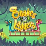 Két színes kígyó látható szemben, háttérben dzsungel motívumokkal, középen „Snakes and Ladders” felirattal, alul piros és zöld bábukkal
