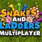 Színes kígyók és létrák jelennek meg, két rajzfilmfigurával és a Snakes and Ladders Multiplayer felirattal zöld háttéren