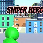 Zöld figura hátulnézetben egy városi környezetben, a háttérben színes épületekkel és a SNIPER HERO felirattal