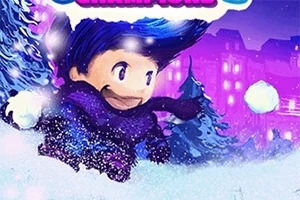 Egy rajzfilmszerű figura havas tájon szalad, háttérben havas fák és épületek láthatók