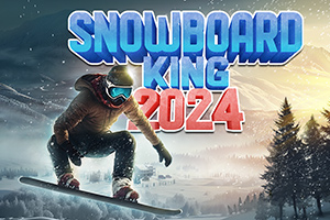 Egy snowboardos sportoló ugrik a levegőben havas hegyvidéki táj előtt, felette színes, 3D-s Snowboard King 2024 felirat