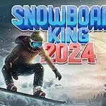 Egy snowboardos sportoló ugrik a levegőben havas hegyvidéki táj előtt, felette színes, 3D-s Snowboard King 2024 felirat