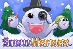 Egy mosolygós hóember alakú figura cilinderrel és monoklival, két kisebb gömbfigura társaságában, havas fenyők előterében, lila és narancs színű Snow Heroes felirattal