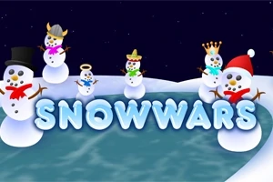Hóemberek állnak különféle fejfedőkben egy havas tájon a SNOWWARS felirat előtt, egy jeges tó közelében