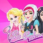 Három rajzolt lány pink háttér előtt, smink- és fodrászeszközökkel, „So Sakura!