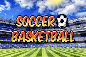 Focipálya háttér napos idővel és Soccer Basketball szöveggel egy focilabdával