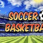 Focipálya háttér napos idővel és Soccer Basketball szöveggel egy focilabdával