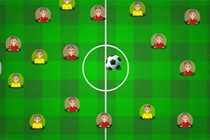 Zöld mezőn piros és sárga ruhás játékos ikonok, középen egy focilabdával