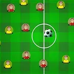 Zöld mezőn piros és sárga ruhás játékos ikonok, középen egy focilabdával