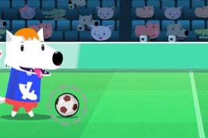 Egy rajzfilmszerű fehér kutya kék mezben, aki egy focilabdát néz egy stadionban, ahol állatos közönség ül a háttérben