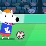 Egy rajzfilmszerű fehér kutya kék mezben, aki egy focilabdát néz egy stadionban, ahol állatos közönség ül a háttérben