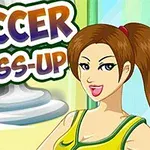 Fiatal nő rajzfilmstílusban, zöld-sárga focimezben, mellette nagybetűs SOCCER DRESS-UP felirat