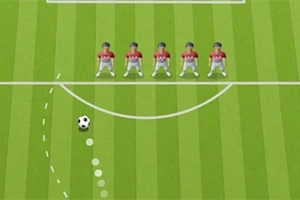 Zöld futballpálya középvonalán öt játékos sorakozik egy egyenes vonalban, a labda pedig ívelt útvonalon közelít feléjük
