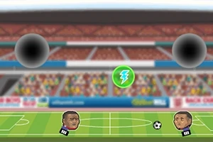 Két karikatúraszerű focista figura áll egy stadionban a zöld focipályán, labda és villám szimbólum között, két nagy fekete körrel az égen