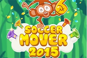 Egy vidám, rajzfilmszerű majom ujjat mutat, körülötte színes kürtök és a Soccer Mover 2015 felirat látható