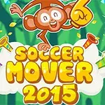 Egy vidám, rajzfilmszerű majom ujjat mutat, körülötte színes kürtök és a Soccer Mover 2015 felirat látható