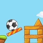 Focilabda ugrál farönkök között egy mini foci kapu felé világos kék háttérrel