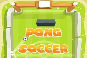 Zöld udvarra hasonlító felület közepén nagy, narancssárga PONG SOCCER felirat és egy fekete téglalap, valamint egy focilabda látható