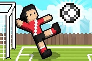 Pixeles focista piros-fekete mezben, amint éppen elrúg egy labdát zöld gyepen, háttérben kapuval és kék égbolttal
