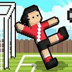 Pixeles focista piros-fekete mezben, amint éppen elrúg egy labdát zöld gyepen, háttérben kapuval és kék égbolttal