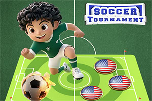 Egy rajzfilmfigura zöld focimezben labdával halad a focipályán, háttérben Soccer Tournament felirattal és három amerikai zászlós koronggal