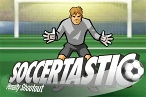 Egy rajzolt kapus szürke mezben védi a focikaput zöld mezőn, alul pedig a Soccertastic felirat látható