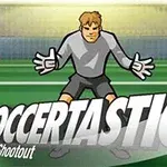 Egy rajzolt kapus szürke mezben védi a focikaput zöld mezőn, alul pedig a Soccertastic felirat látható