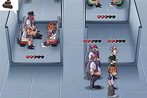 Rajzfilmszerű karakterek ülnek és állnak kabinokban, szívecskékkel jelölt életerő sávokkal