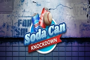 Két üdítősdoboz és egy baseball-labda egy kopottas, graffitivel borított fal előtt, középen Soda Can Knockdown felirattal