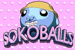 Egy mosolygó, kék arcú figura sárga sapkában egy rózsaszín háttér előtt, alatta a Sokoballs felirattal