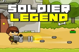 Katona rajzfilmfigura fegyverrel támad egy kastély előtt, nagyméretű Soldier Legend felirattal