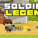 Katona rajzfilmfigura fegyverrel támad egy kastély előtt, nagyméretű Soldier Legend felirattal