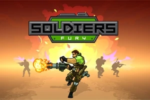 Egy zöld ruhás katona tüzel egy gépfegyverrel, háttérben katonás árnyékokkal és a Soldiers Fury felirattal