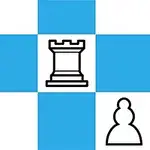 Kék-fehér sakktábla minta egy bástya és egy gyalog stilizált rajzával